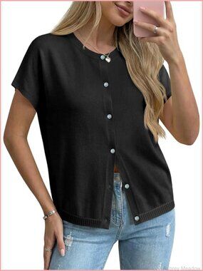 Oversized Short Sleeve Knit Button Down Cardigan Summer Lightweight Sweater